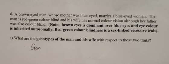 6. A brown-eyed man, whose mother was blue-eyed, marries a blue-eyed woman. The man is red-green colour blind and his wife ha