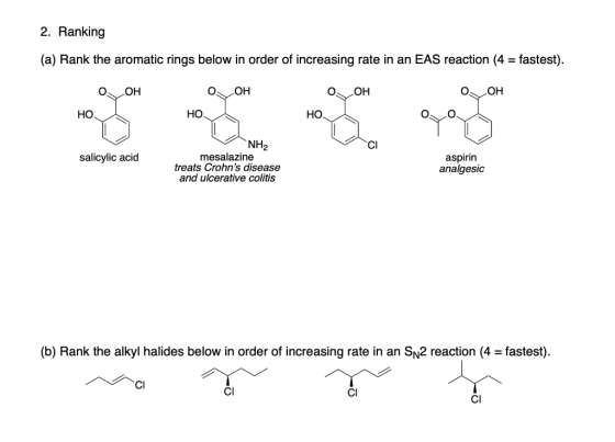 2. Ranking (a) Rank the aromatic rings below in order of increasing rate in an EAS reaction (4 = fastest). O OH Oy OH НО Д OO