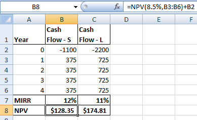 B8 А fx =NPV(8.5%,B3:36)+B2 D E F 1 Year - B C Cash Cash Flow - Flow - -1100 -2200 375 725 375 725 375 725 375 725 12% 11% $1
