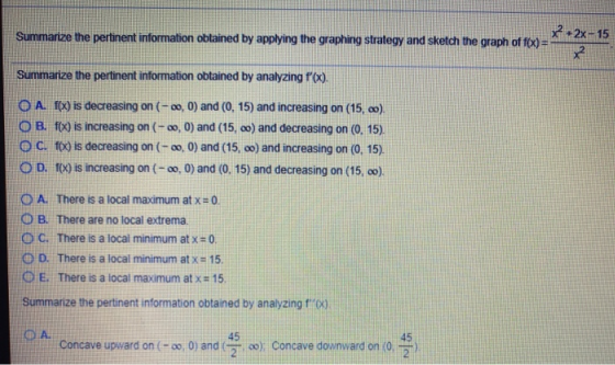 Summarize the pertinent information obtained by applying the graphing strategy and sketch the graph of f(x) = + 2x-15 ² Summa