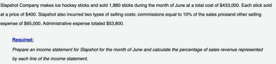 Slapshot Company makes ice hockey sticks and sold 1,880 sticks during the month of June at a total cost of $433,000. Each sti
