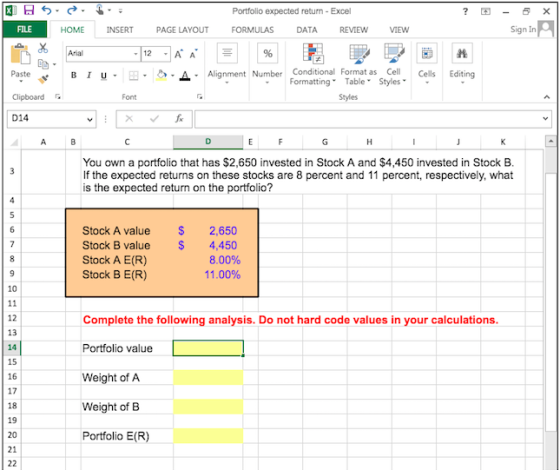 Portfolio expected return - Excel FILE HOME INSERT PAGE LAYOUT FORMULAS DATA REVIEW VIEW Sign In X Arial 12 -A A Paste BIU- A