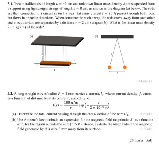 3.1. Two metallic rods of length L = 40 cm and unknown linear mass density A are suspended from a support using lightweight s