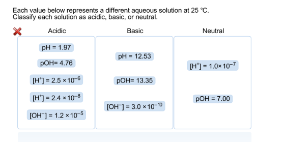 Each value below represents a different aqueous solution at 25 °C Classify each solution as acidic, basic, or neutral. Acidic