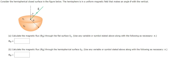 Consider the hemispherical closed surface in the figure below. The hemisphere is in a uniform magnetic field that makes an angle θ with the vertical S2 (a) Calculate the magnetic flux (ФВ) through the flat surface S1. (Use any variable or symbol stated above along with the following as necessary: T.) (b) Calculate the magnetic flux (4B) through the hemispherical surface S2. (Use any variable or symbol stated above along with the following as necessary: π.) 8