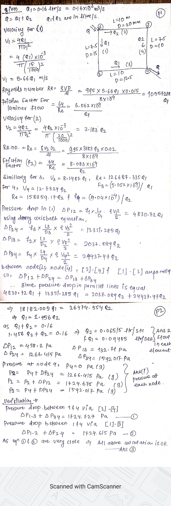 given 01=0,16 erris = 0.16X170 m3/s Q = art Q2 Rifl2 are in littels (pl L=10m D=20mm 3 Velocity for (1) 702 (2) Idai Q2 I (4)