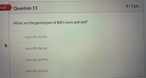 ered Question 11 0/1 pts What are the genotypes of Bills mom and dad? mom PP, dad Pp mom PP, dad pp mom pp, dad Pp mom Pp, d