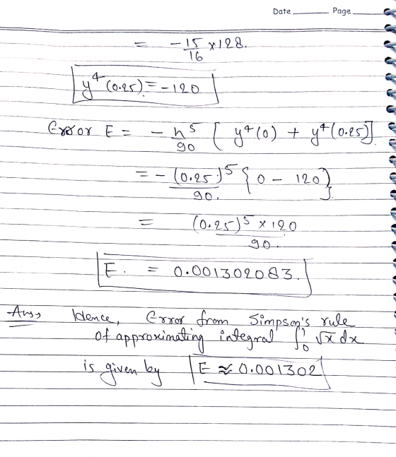 Date Page - 15 x 128. 16 y (0.25) = - 120 Error E= -hs ( y (0) + y + (0.25] go (0.25.354 120 20) go. (0.255 x 120 E. - 0.0013