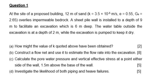Question 1 At the site of a proposed building, 12 m of sand (k = 3.5 x 10-5 m/s, e = 0.55, Gs = 2.65) overlies impermeable be
