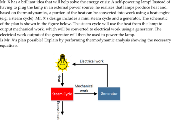 Mr. Xhas a brilliant idea that will help solve the energy crisis: A self-powering lamp! Instead of having to plug the lamp in an external power source, he realizes that lamps produce heat and based on thermodynamics, a portion of the heat can be converted into work using a heat engine (e.g. a steam cycle). Mr. Xs design includes a mini steam cycle and a generator. The schematic of the plan is shown in the figure below. The steam cycle will use the heat from the lamp to output mechanical work, which will be converted to electrical work using a generator. The electrical work output of the generator will then be used to power the lamp. Is Mr. Xs plan possible? Explain by performing thermodynamic analysis showing the necessary equations. Electrical work Mechanical work Steam Cycle Generator
