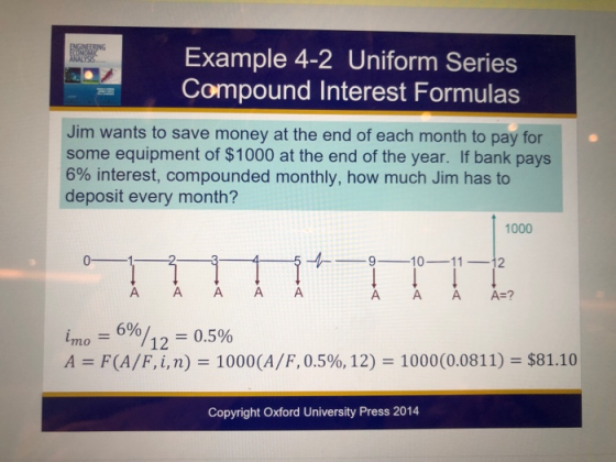 Example 4-2 Uniform Series Compound Interest Formulas Jim wants to save money at the end of each month to pay for some equipm
