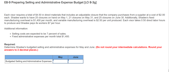 E8-9 Preparing Selling and Administrative Expense Budget [LO 8-3g] Each visor requires a total of $4.50 in direct materials t