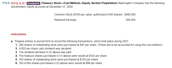 P15.6 (LO 2, 3, 4) Groupwork (Treasury Stock-Cost Method-Equity Section Preparation) Washington Company has the following sto