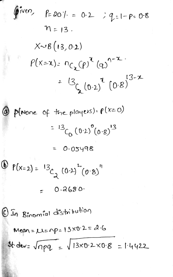 Given, P= 20% = 0.2 ;q=1-p= 0.8 n=13. XNB (13,0-2) P(x=x): nccp)(2)9-2 n-x. 13-x 13. & G (0.2) (0.8) pinone of the players):