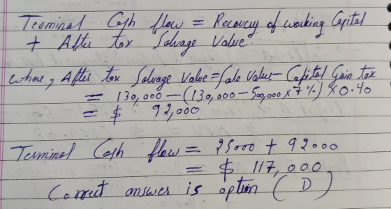 Terminal Cash flow = Recovery of working Capital + After tex Salvage Value where & After tox Solvage Value = fale Value - Cop