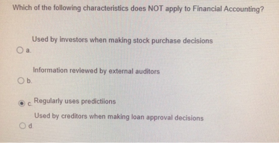 Which of the following characteristics does NOT apply to Financial Accounting? Used by investors when making stock purchase d