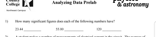 CollegeAnalyzing Data Prelabe &astronomy Northeast Campus 1) Hw many significant figures does each of the following numbers have? 23.44 55.00 20