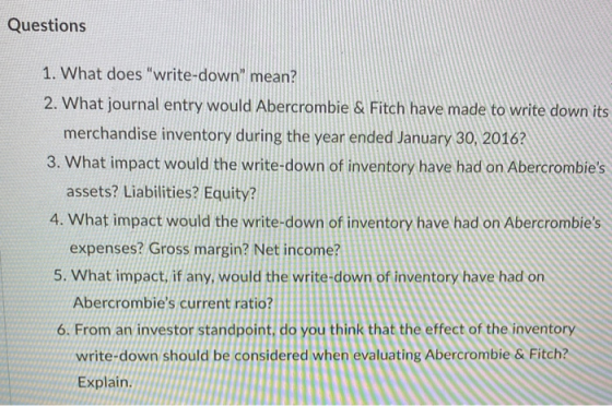 Questions 1. What does write-down mean? 2. What journal entry would Abercrombie & Fitch have made to write down its merchan