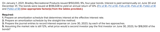 On January 1, 2021, Bradley Recreational Products issued $150,000, 9%, four-year bonds. Interest is paid semiannually on June
