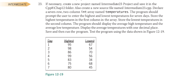 INTERMEDIATE 23. If necessary, create a new project named Intermediate23 Project and save it in the Cpp8 Chap12 folder. Also create a new source file named Intermediate23.cpp. Declare a seven-row, two-column int array named temperatures. The program should prompt the user to enter the highest and lowest temperatures for seven days. Store the highest temperatures in the first column in the array. Store the lowest temperatures in the second column. The program should display the average high temperature and the average temperature. Display the average temperatures with one place. Save and then run the program. Test the program using the data shown in Figure 12-19. Day 95 67 98 54 70 86 99 56 34 83 75 68 45 80 Figure 12-19