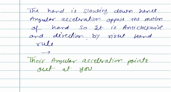The hand is slowing down hence Angular acceleration oppose the motion of hand so It is Anticlockeyre and direction by right