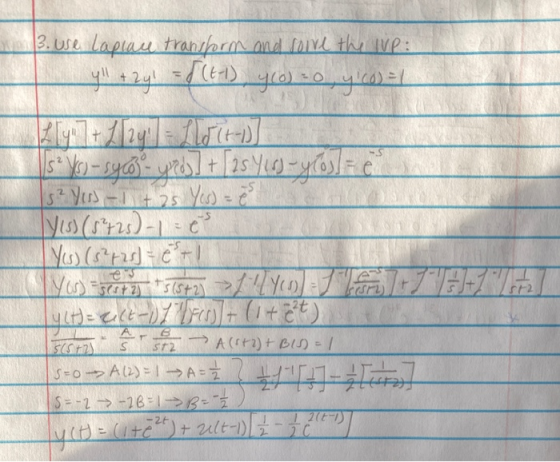 3. use laplace transform and solve the yll + 2y1 = $(t-1) 410) = 0, y co) = 2 Ty 7+12y = lit-D] sº yo-syø - yoos] + | 25 YUO