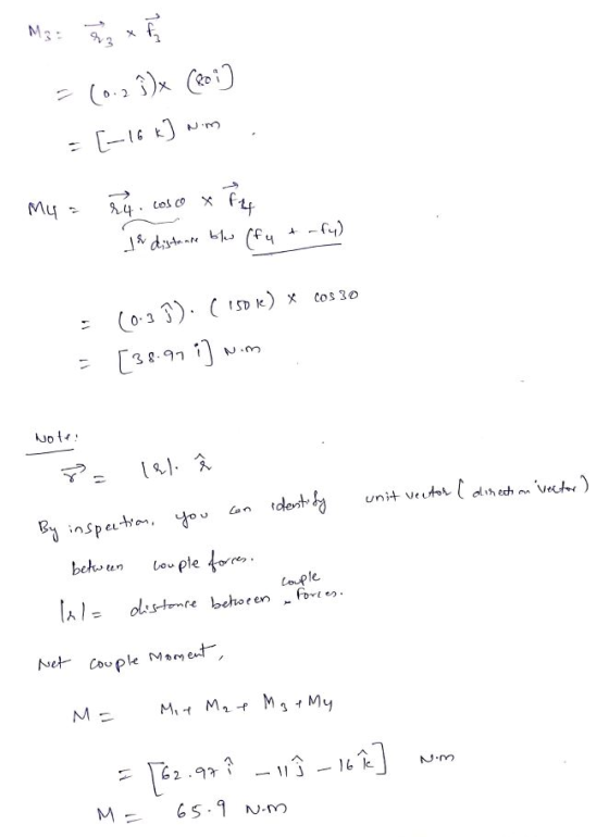 M3 = [-16*] wm. M4 = 54. cos co x 74 ir distance blew (fy + -fy) = (0-3). (isole) * Cos 30 = [38.99 ;] nom Note: you unit vec