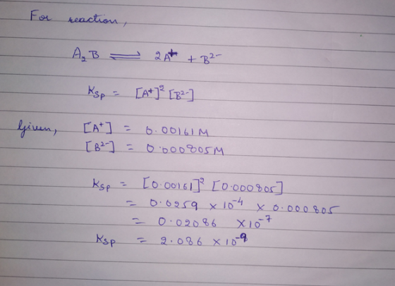 For reaction, A B C 2A + B2- Ksp = [A+]² [8²-] [At [B² ] = ] = 6.00161M 0.000805M Ksp = [o.00161] [0.0008057 = 0.0059 x 104 x