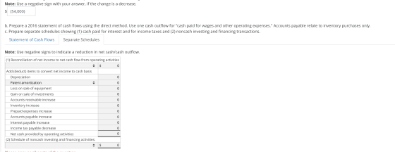 Note: Use a negative sign with your answer, if the change is a decrease. $ (54,000) b. Prepare a 2016 statement of cash flows