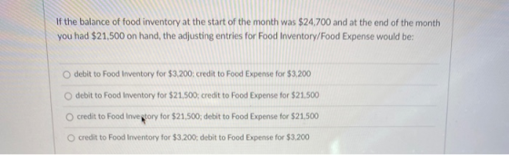 If the balance of food inventory at the start of the month was $24.700 and at the end of the month you had $21,500 on hand, t
