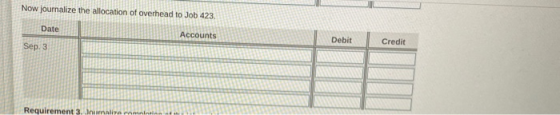 Now journalize the allocation of overhead to Job 423. Date Accounts Debit Credit Sep. 3