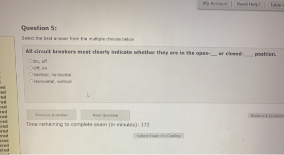My Account Need Help? Table Question 5: Select the best answer from the multiple choices below All circuit breakers must clea