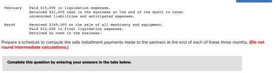 February Paid $10,000 in liquidation expenses. Retained $21,000 cash in the business at the end of the month to cover unrecor