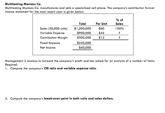 Multitasking Maniacs Co. Multitasking Maniacs Co. manufactures and sells a specialized cell phone. The companys contribution format income statement for the most recent year is given below: %of Per UnitSales 100% Total Sales (20,000 units) $1,200,000 $60 Variable Expense Contribution Margin$300,000 $15 Fixed Expense Net Income 900,000 $45 $240.000 $60,000 Management is anxious to increase the companys profit and has asked for an analysis of a number of items Required: ariable expense 2. Compute the companys break-even point in both units and sales dollars