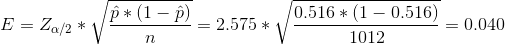 E = Z_{\alpha/2} *\sqrt {\frac {\hat p *(1-\hat p)}{n }} = 2.575 *\sqrt {\frac {0.516*(1-0.516)}{1012}} = 0.040