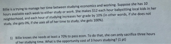 Billie is a trying to manage her time between studying economics and working. Suppose she has 10 hours available each week to
