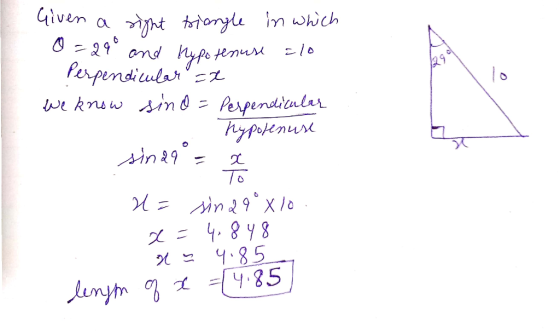 Given a right triangle in which 1=29 and Hypotenuse clo perpendicular ax We know sind = Perpendicular B hypolenuse sinaa = 2