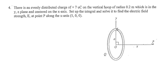 There is an evenly distributed charge of + 7 uC on the vertical hoop of radius 0.2 m which is in the y, z plane and centered on the x-axis. Set up the integral and solve it to find the electric field strength, E, at point P along the x-axis (1, 0, 0) 4.