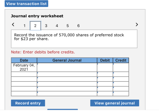 View transaction list Journal entry worksheet < 6 2 4 5 Record the issuance of 570,000 shares of preferred stock for $23 per