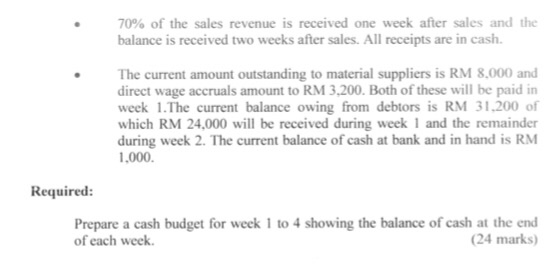 70% of the sales revenue is received one week after sales and the balance is received two weeks after sales. All receipts are