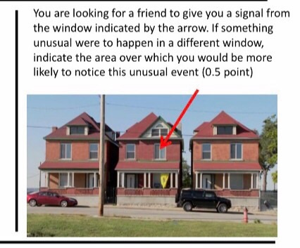 You are looking for a friend to give you a signal from the window indicated by the arrow. If something unusual were to happen in a different window, indicate the area over which you would be more likely to notice this unusual event (0.5 point)