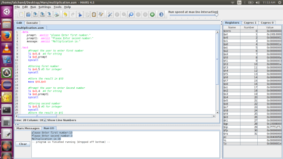 /home/lalchand/Desktop/Mars/multiplication.asm - MARS 4.5 ) 11:53 AM File Edit Run Settings Tools Help Run speed at max (no i