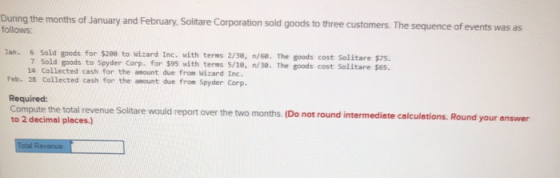 During the months of January and February, Solitare Corporation sold goods to three customers. The sequence of events was as