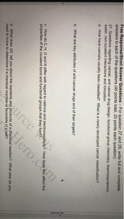 Free Response/Short Answer Questions - For question 27 and 28, write full and complete answers to each of the questions (40 p