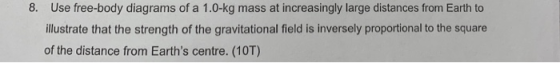 8. Use free-body diagrams of a 1.0-kg mass at increasingly large distances from Earth to illustrate that the strength of the