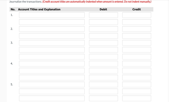 Journalize the transactions. (Credit account titles are automatically indented when amount is entered. Do not indent manually