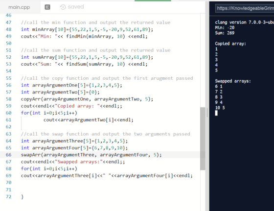 main.cpp saved 46 47 I/call the min function and output the returned value 48 int minArray[10]-[55,22,1,5, -5, -20,9,52,61,89