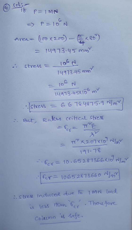 sol. - it P= I MN 6 = P = 10 N Area- 100 x 200) – (480) = 14973.45 mm. stress = 106N ✓ 14973.45 mm Tos N 14973.45x100 m .: s