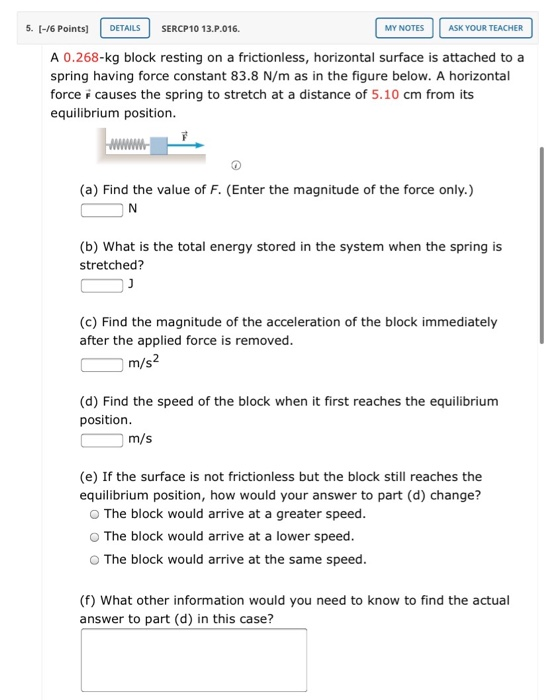 DETAILS 5. [-/6 Points) SERCP10 13.P.016. MY NOTES ASK YOUR TEACHER A 0.268-kg block resting on a frictionless, horizontal su