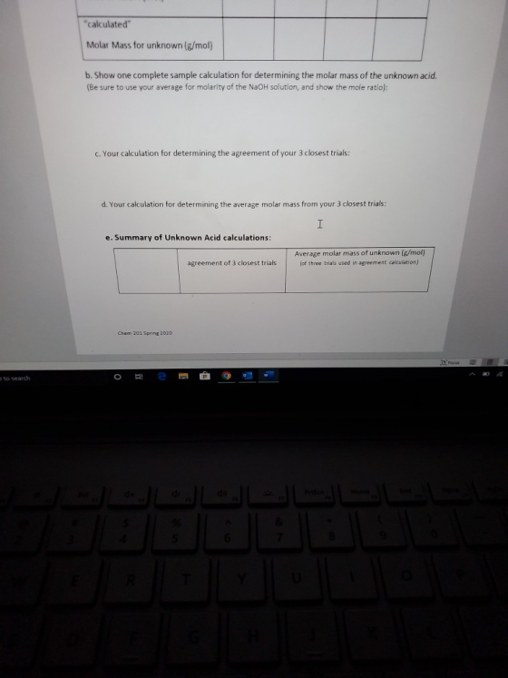 calculated Molar Mass for unknown (g/mol) b. Show one complete sample calculation for determining the molar mass of the unk